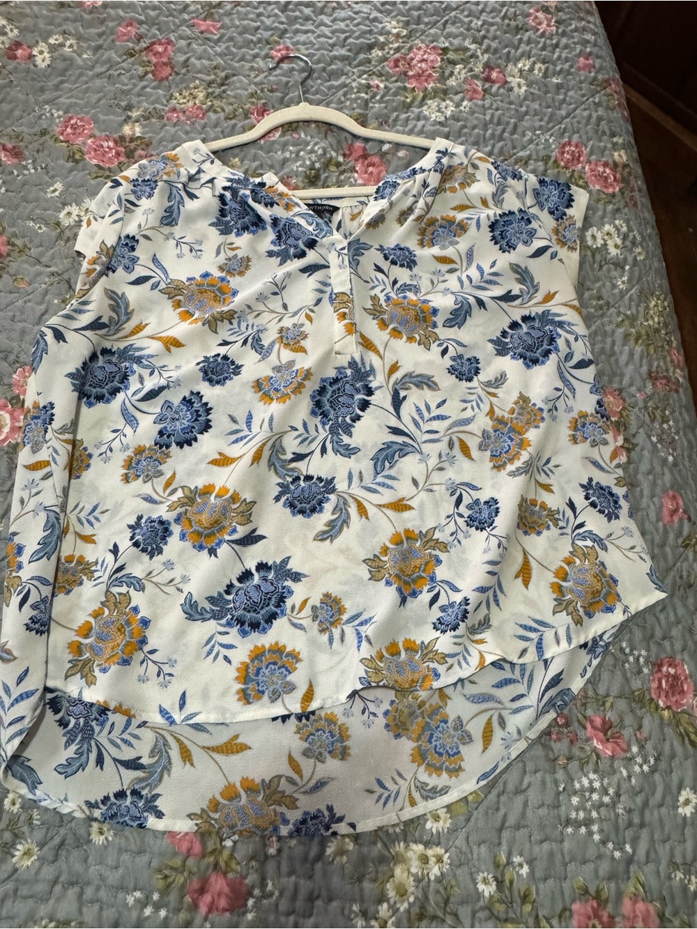 41 Hawthorn Floral Split Neck Blouse XXL Blue Mustard Cap Sleeve High Low Hem
